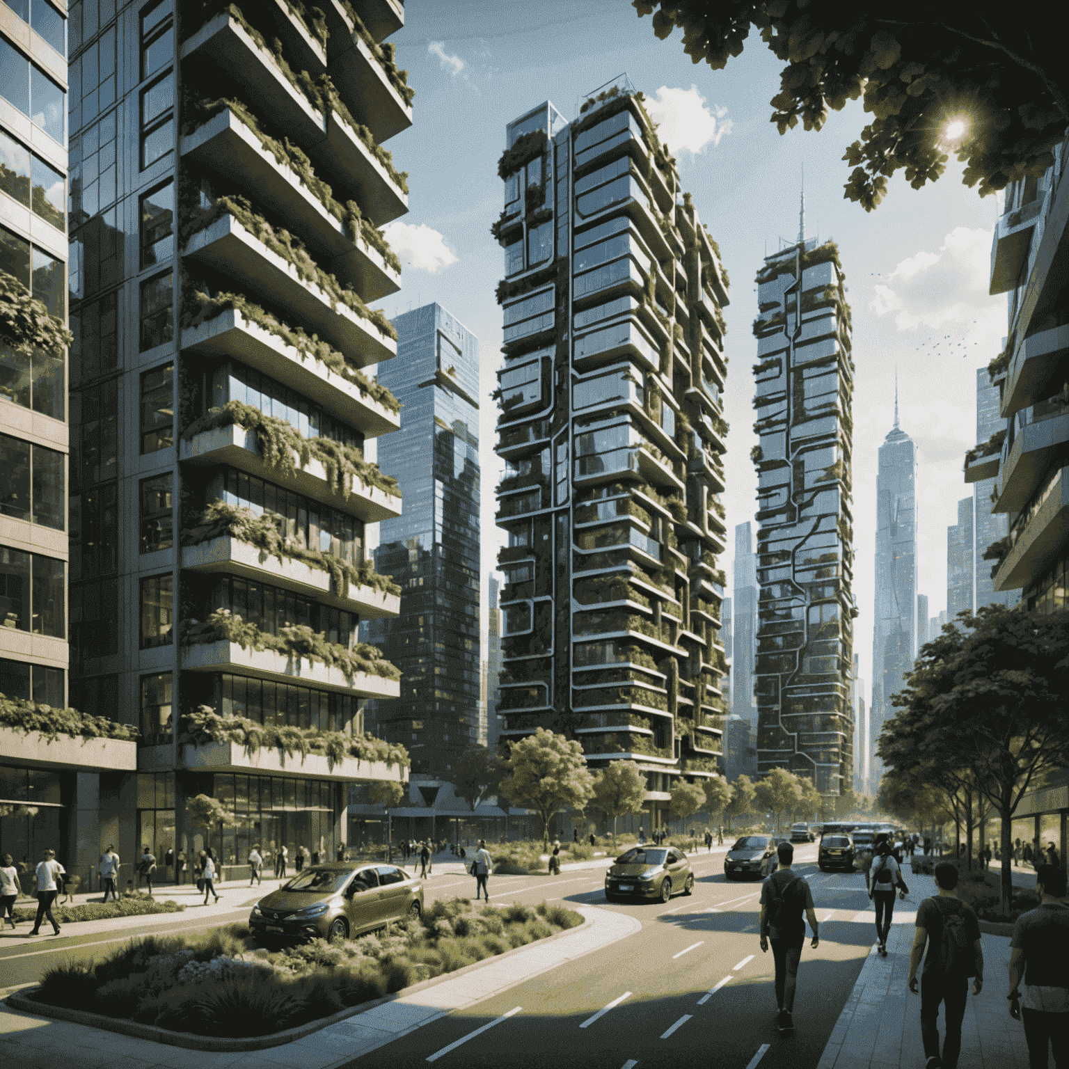 A futuristic cityscape with green spaces integrated into smart buildings, showcasing AI-driven urban planning and sustainable architecture