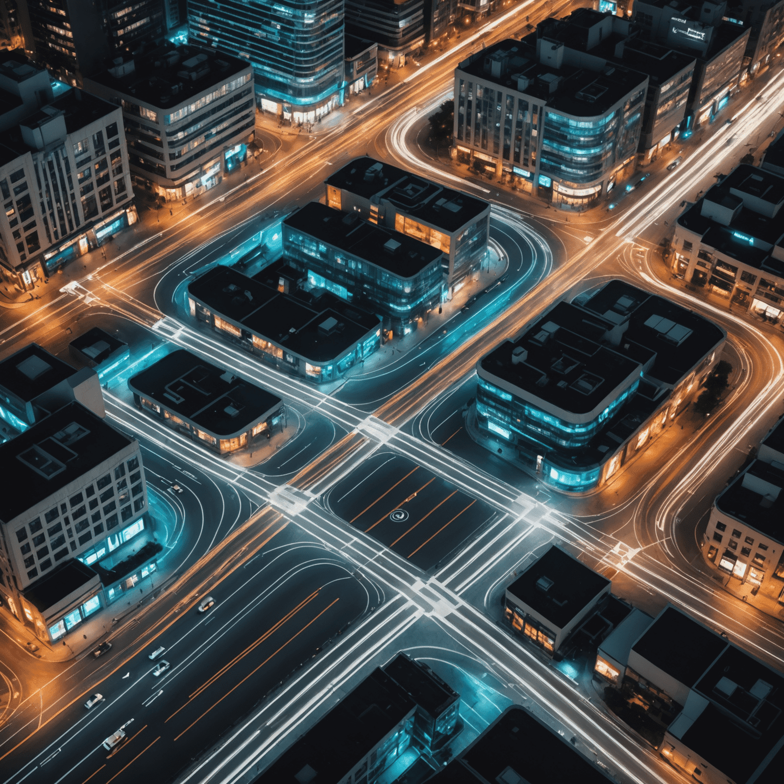 Aerial view of a smart city with glowing lines representing AI-managed traffic flow. Cars move smoothly through intersections, and pedestrians cross safely at designated areas.