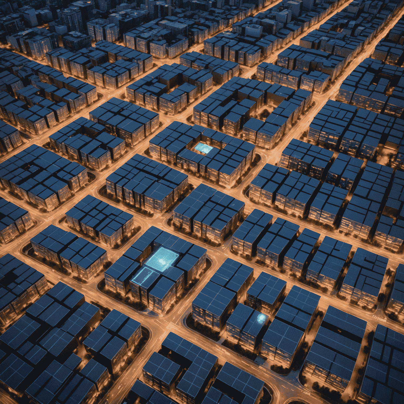 Aerial view of a modern city with glowing grid lines representing smart energy distribution, showcasing solar panels on rooftops and wind turbines in the distance