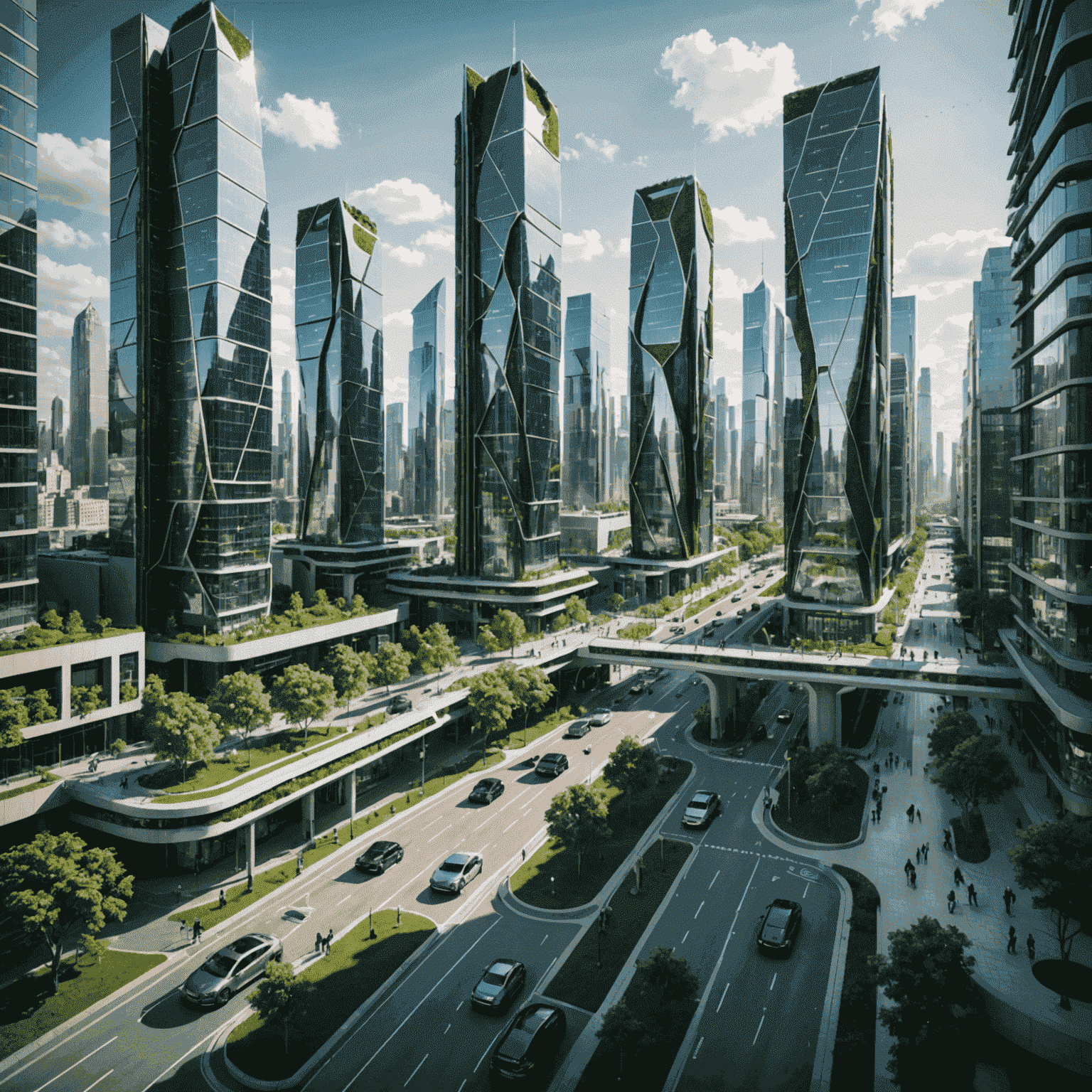 A futuristic cityscape with green spaces integrated into high-tech buildings, showcasing AI-driven urban planning. Holographic displays show traffic patterns and energy usage.