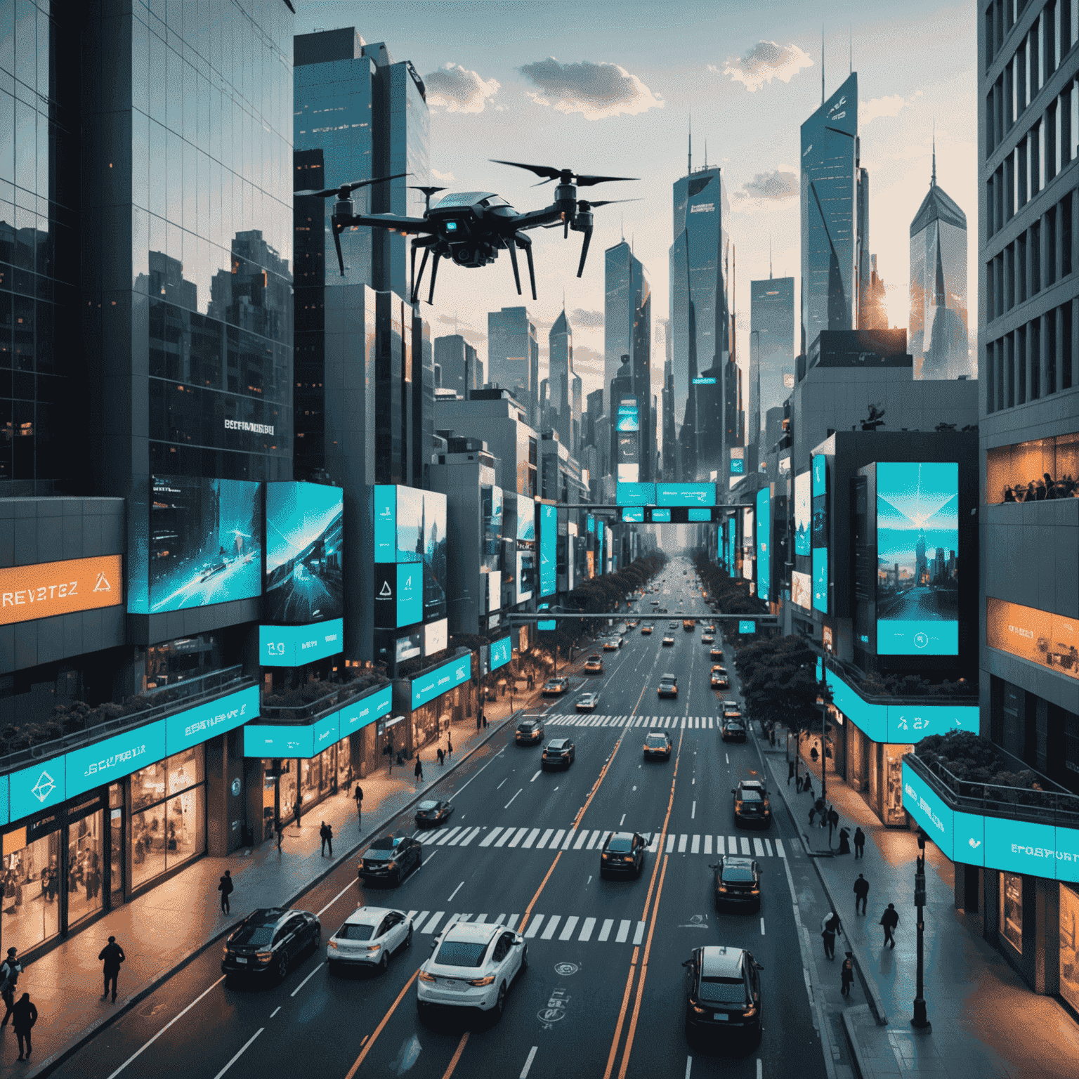 A futuristic cityscape with holographic security interfaces and AI-powered surveillance drones monitoring the streets, showcasing advanced urban safety technology