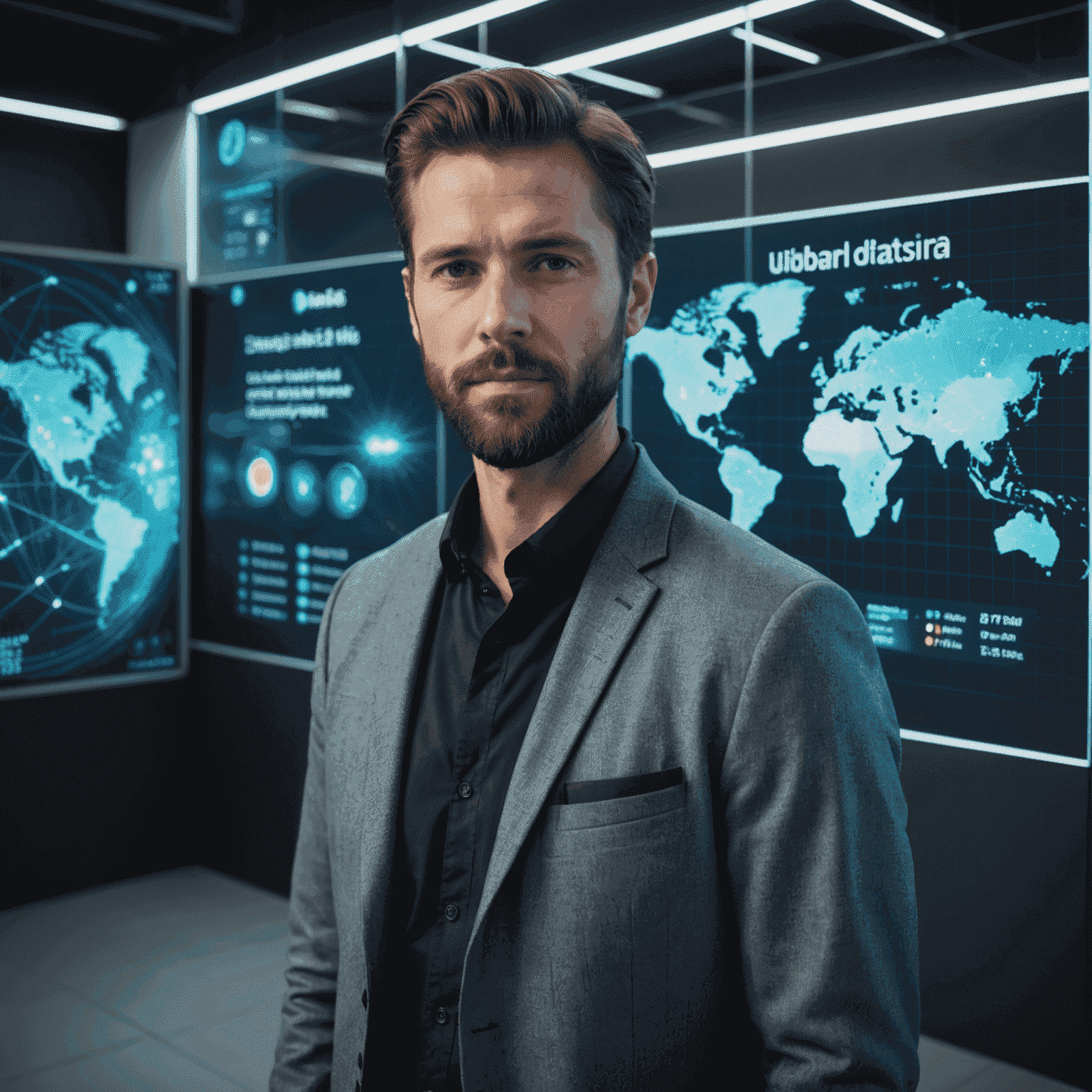 Portrait of Marcus Weber, a man in his 30s with a beard, wearing a smart casual outfit, standing next to a holographic display of urban data