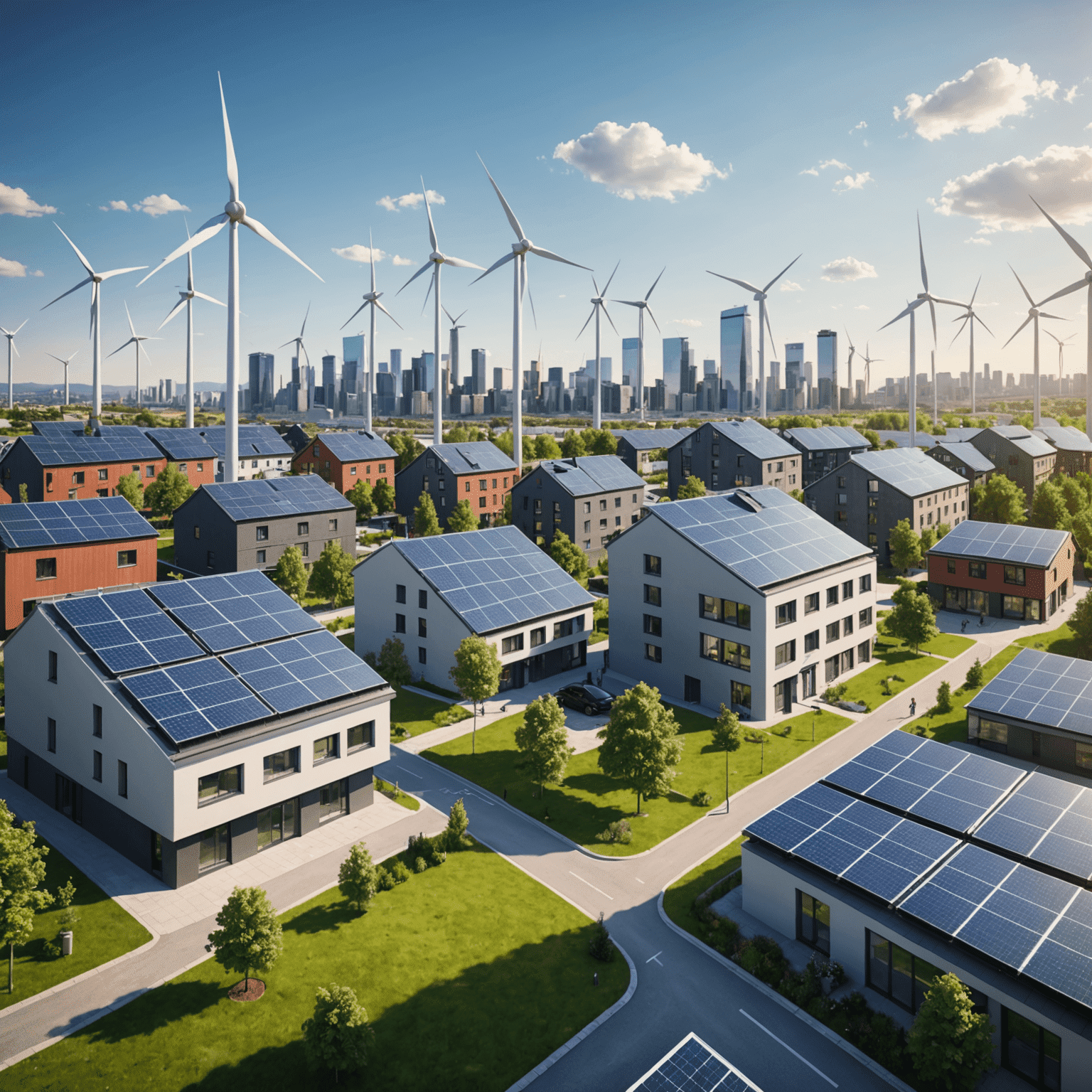 Illustration of a city powered by smart energy grids, with solar panels and wind turbines integrated into the urban landscape