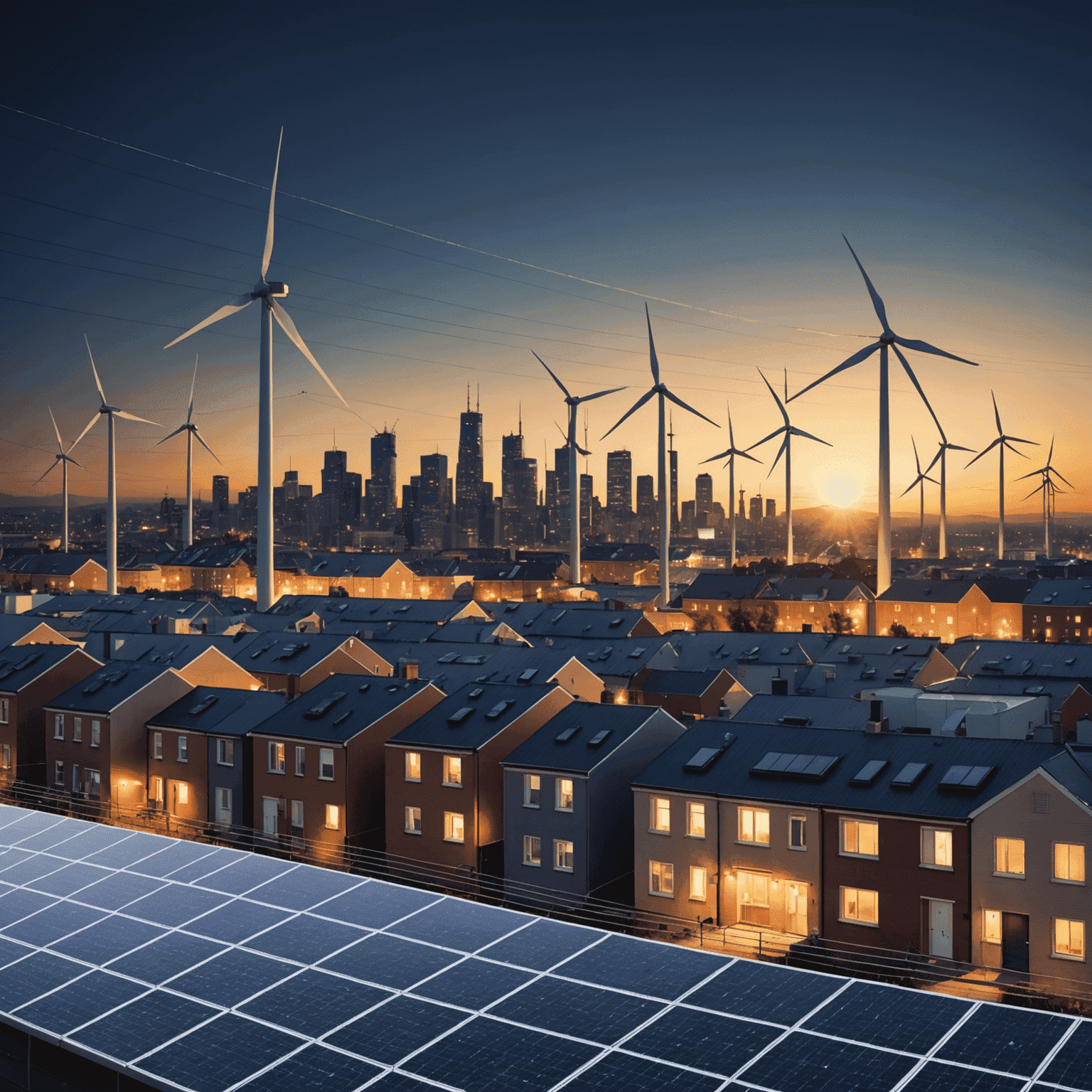 Illustration of a city skyline with glowing power lines connecting buildings. Solar panels and wind turbines are visible, showcasing renewable energy integration.