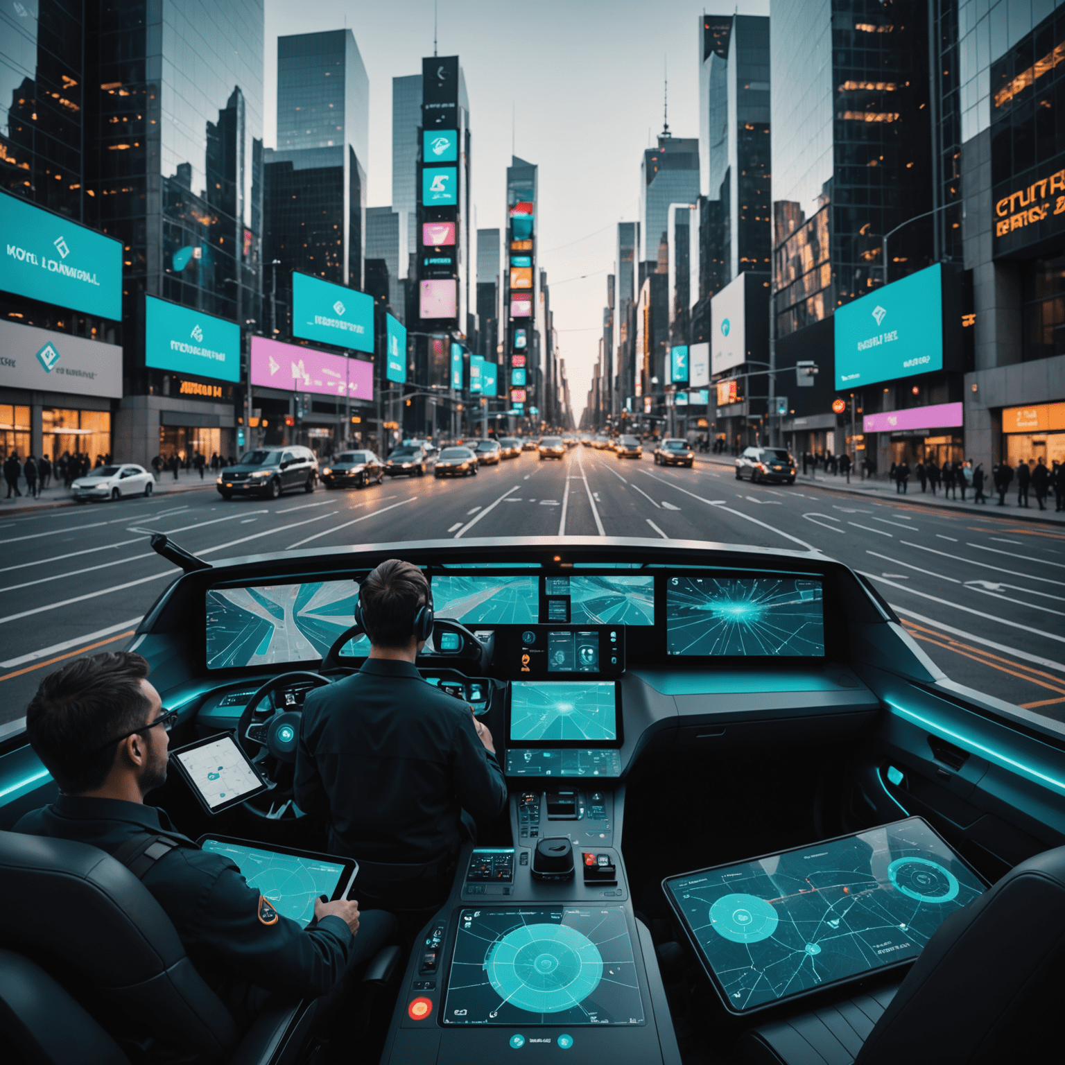 A futuristic traffic control center with large screens displaying real-time AI analysis of city traffic patterns. Operators are shown interacting with holographic interfaces.