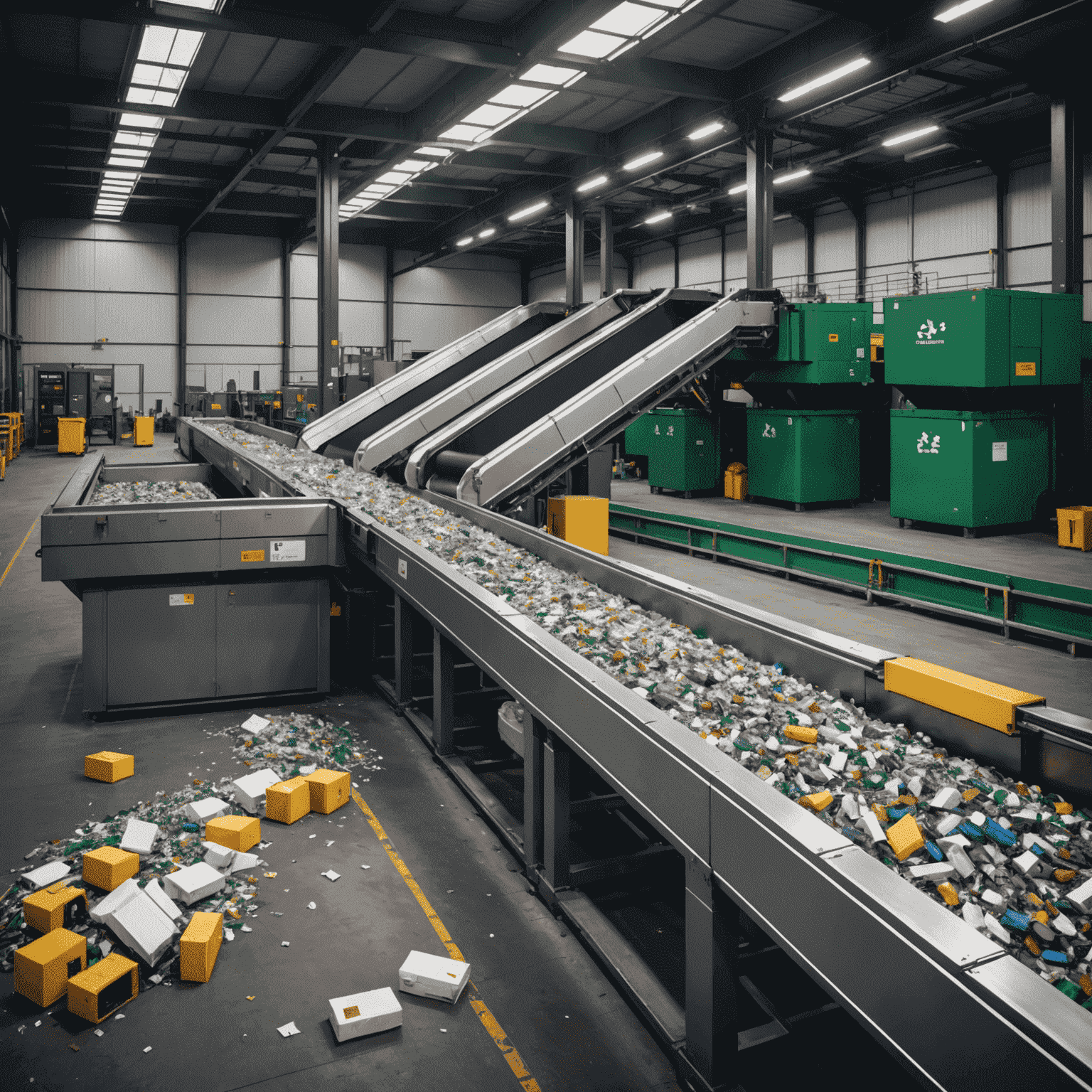 An AI-powered waste sorting facility with robotic arms efficiently separating different types of recyclables on a conveyor belt. The image shows a high-tech, clean environment with minimal human intervention.