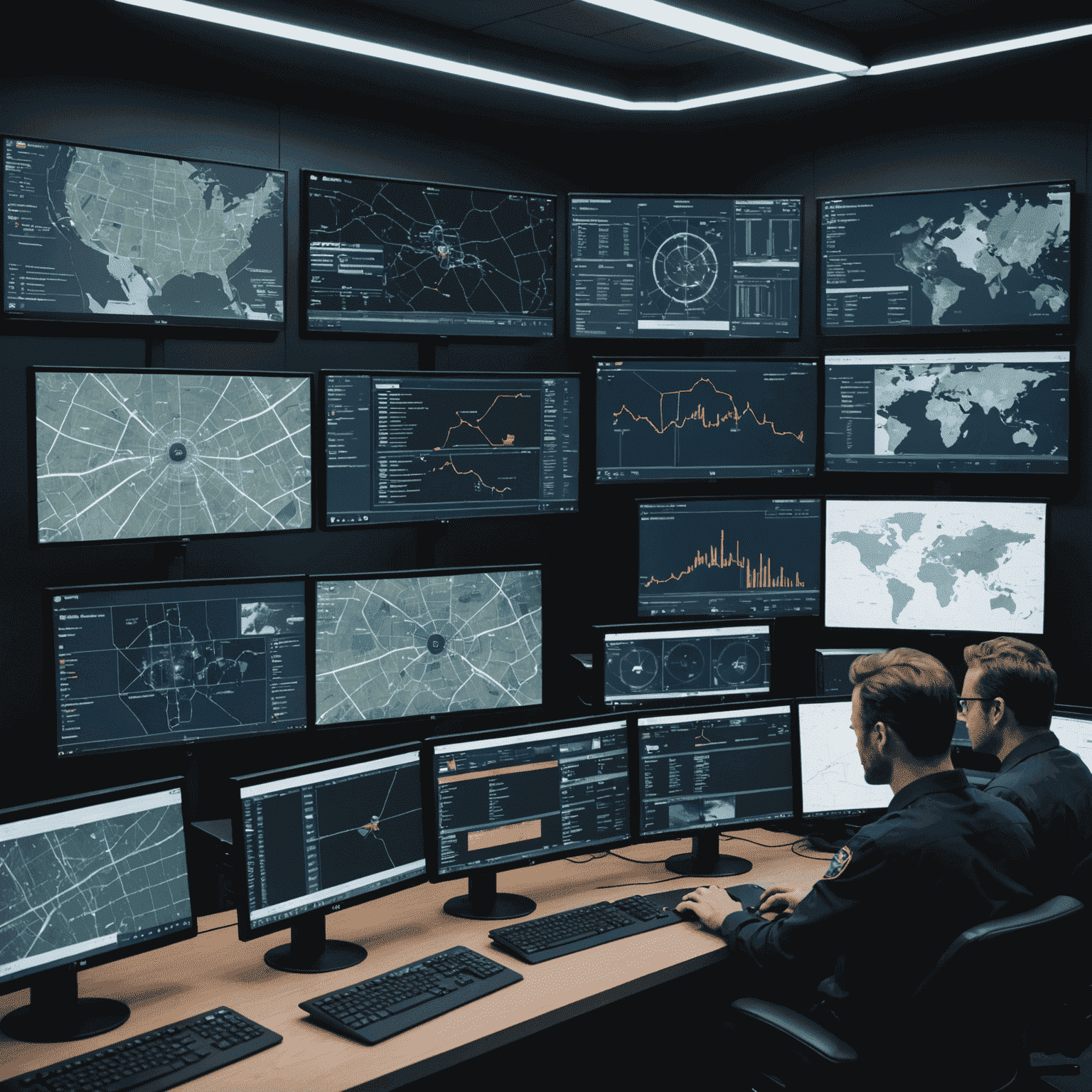 An AI-powered control room with multiple screens displaying real-time city data, crime prediction maps, and live surveillance feeds