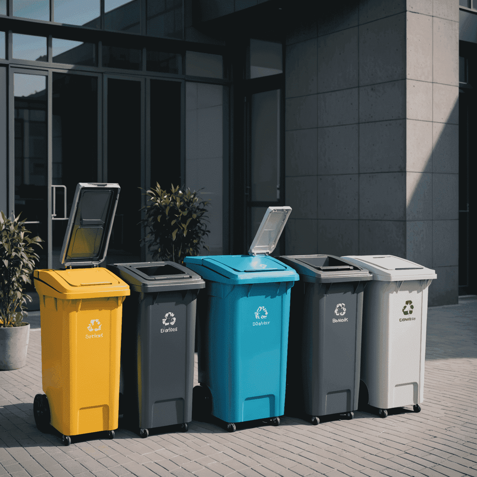 A series of smart waste bins in various colors for different types of recyclables. Robotic arms are shown sorting waste efficiently.