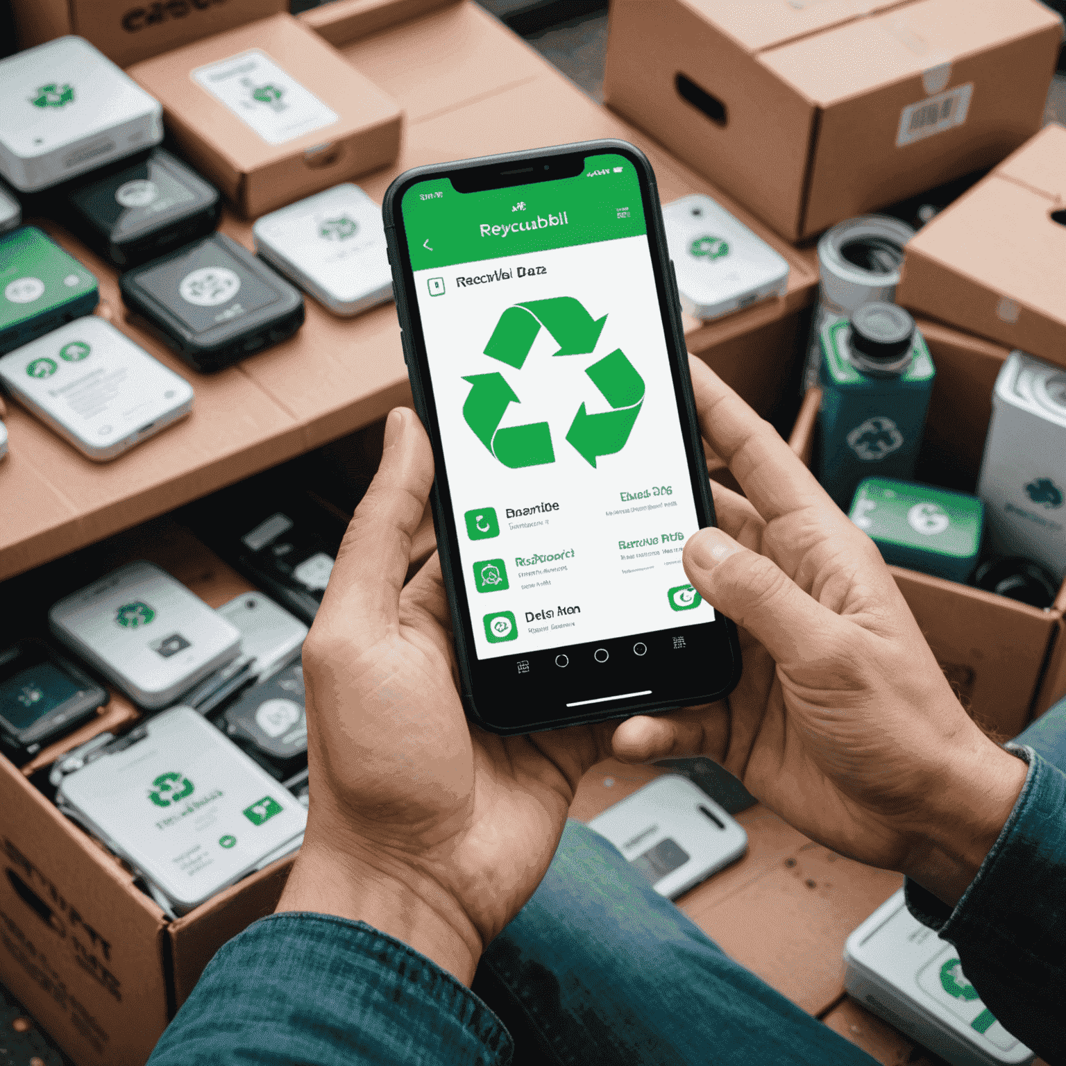 A person using a smartphone app that uses AI to identify and categorize waste items for proper recycling. The image shows the app interface highlighting different recyclable materials and providing instructions.