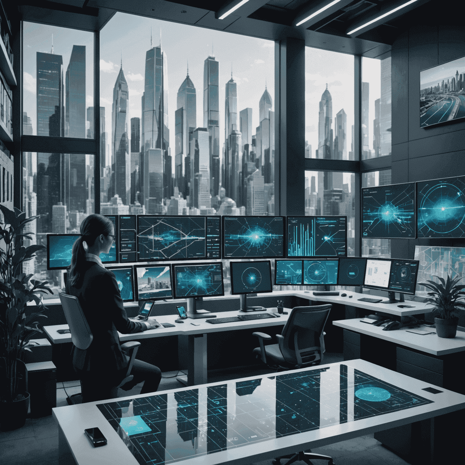 A futuristic urban planning office with holographic city models, AI assistants helping planners, and screens showing real-time data analysis of various urban metrics.