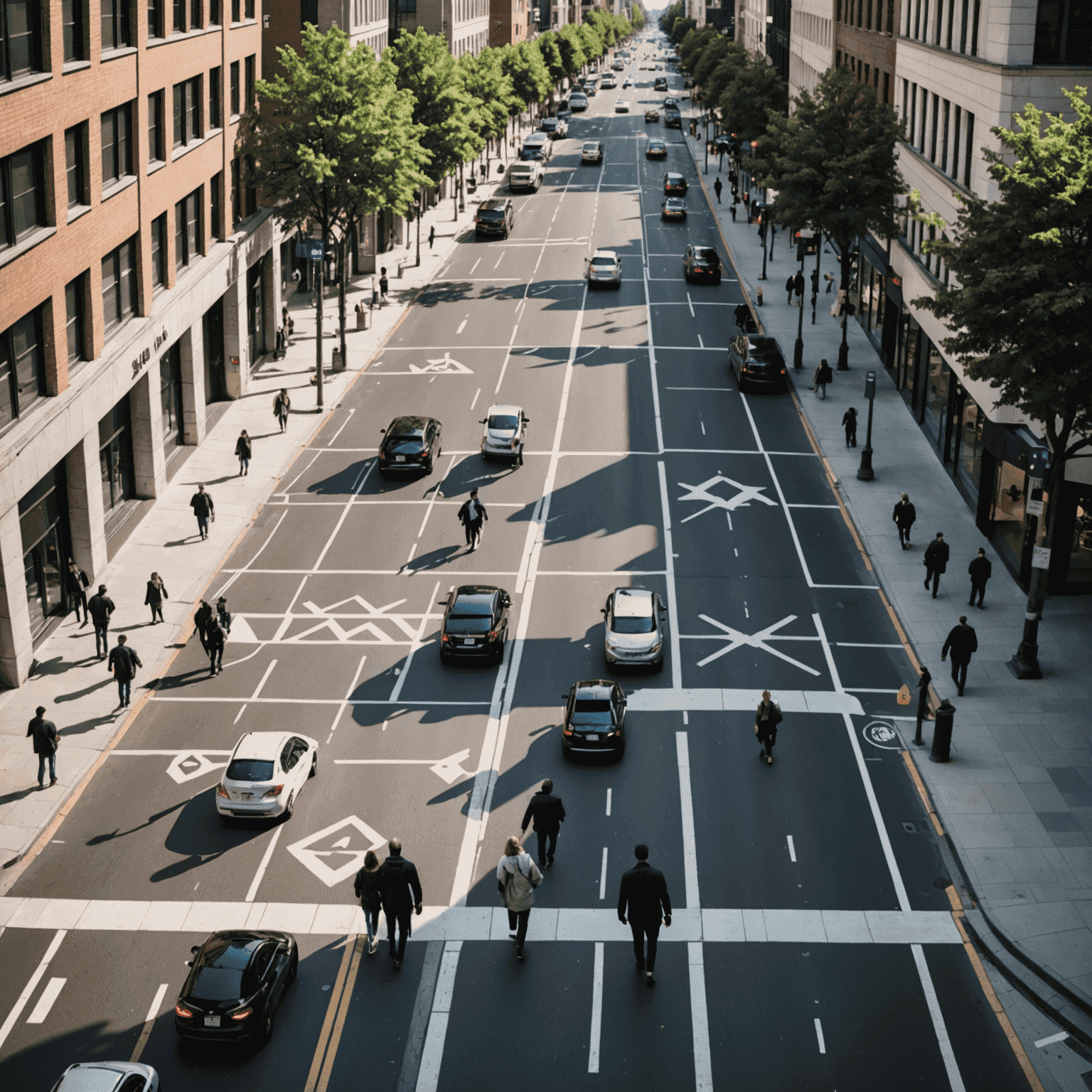 A network of AI-powered security cameras and sensors monitoring a city street. Pedestrians walk safely while the system identifies potential risks.